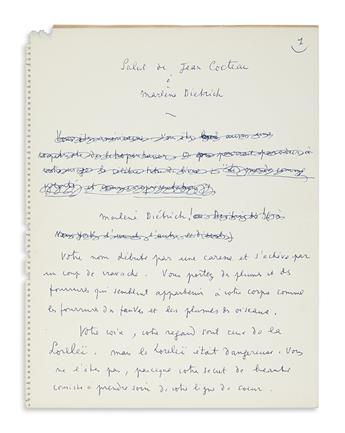 COCTEAU, JEAN. Autograph Manuscript Signed, working draft of his poem, “Tribute of Jean Cocteau to Marlene Dietrich,” in French,